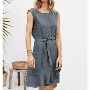 Garnet Hill Linen Ruffled Wrap Dress Size 8 Light Blue